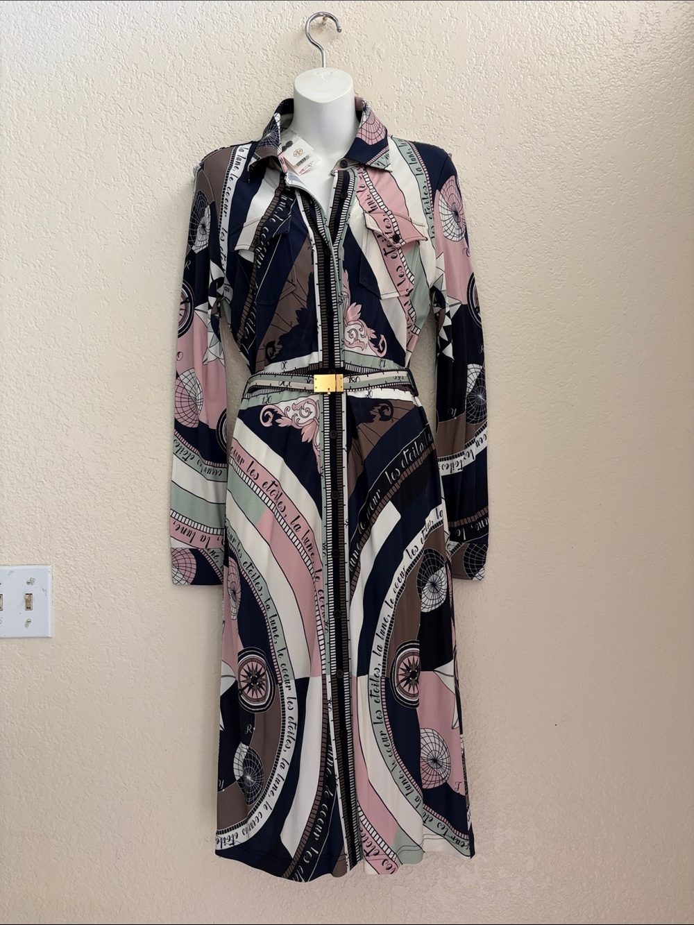 Tory Burch Long Sleeve Printed Zip Shirt Dress in Navy, Pink & Brown